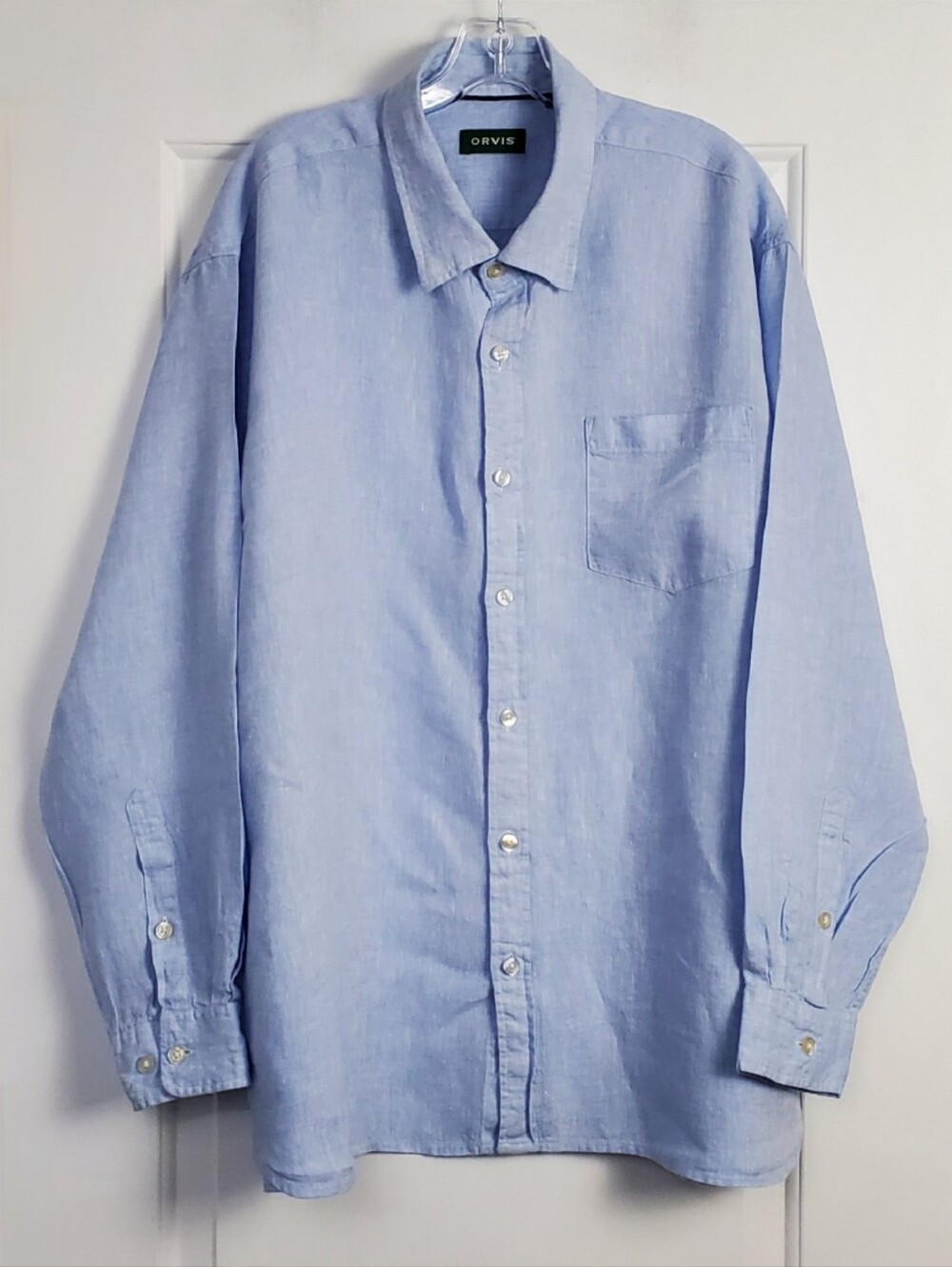 Orvis Mens Blue Linen Long Sleeve Pocket Shirt Resort Wear Beach Size XXL - GUC